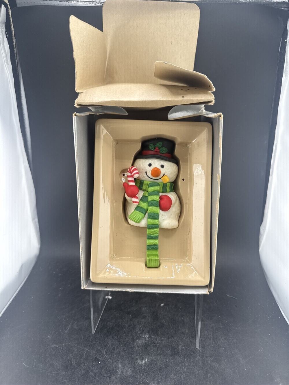 Vintage 1983 Enesco Ceramic Snowman Christmas Stocking Hanger Holder W/ Box
